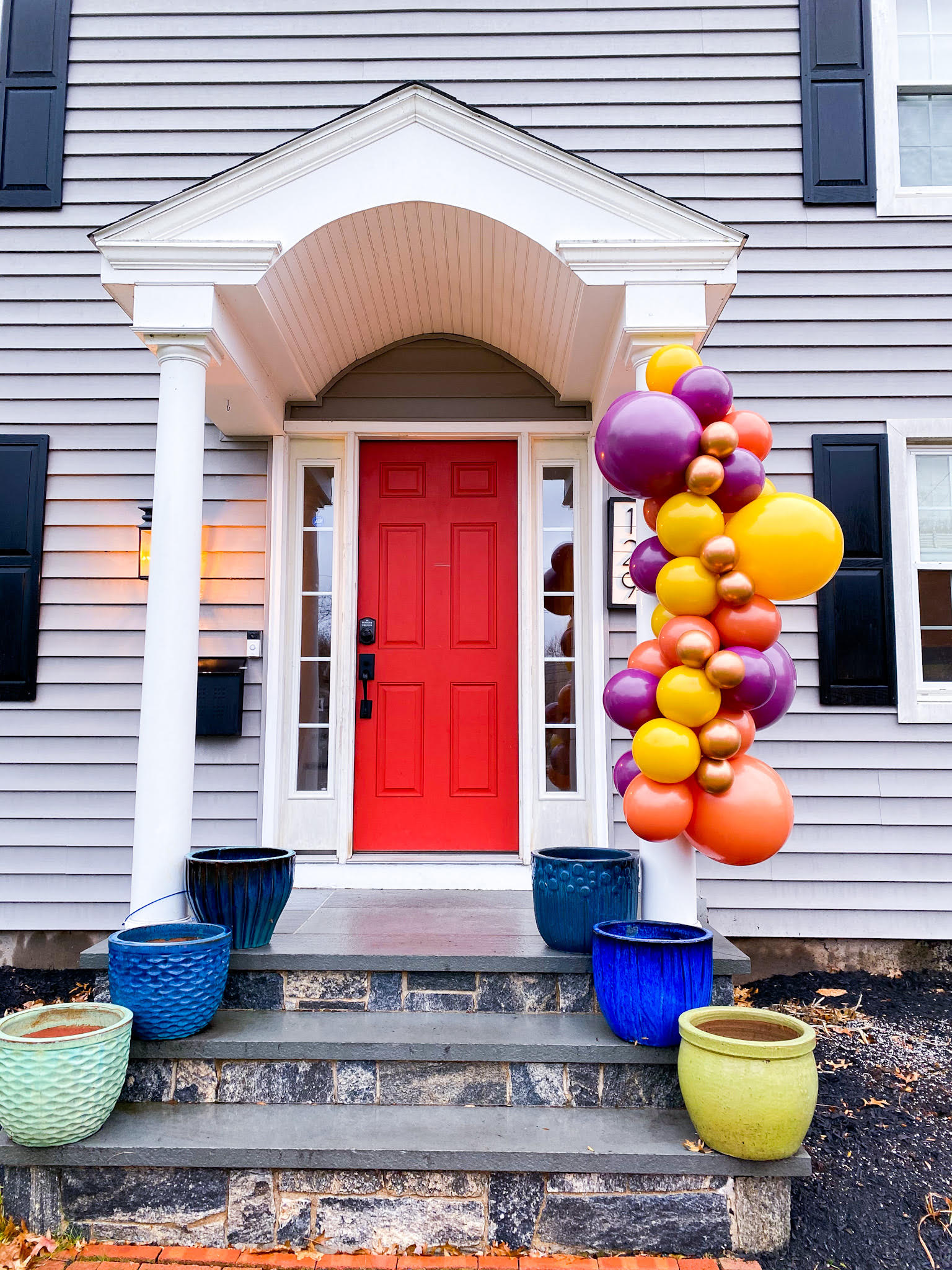 6ft grab n go balloon garland, organic balloon decor outside home in west hartford ct