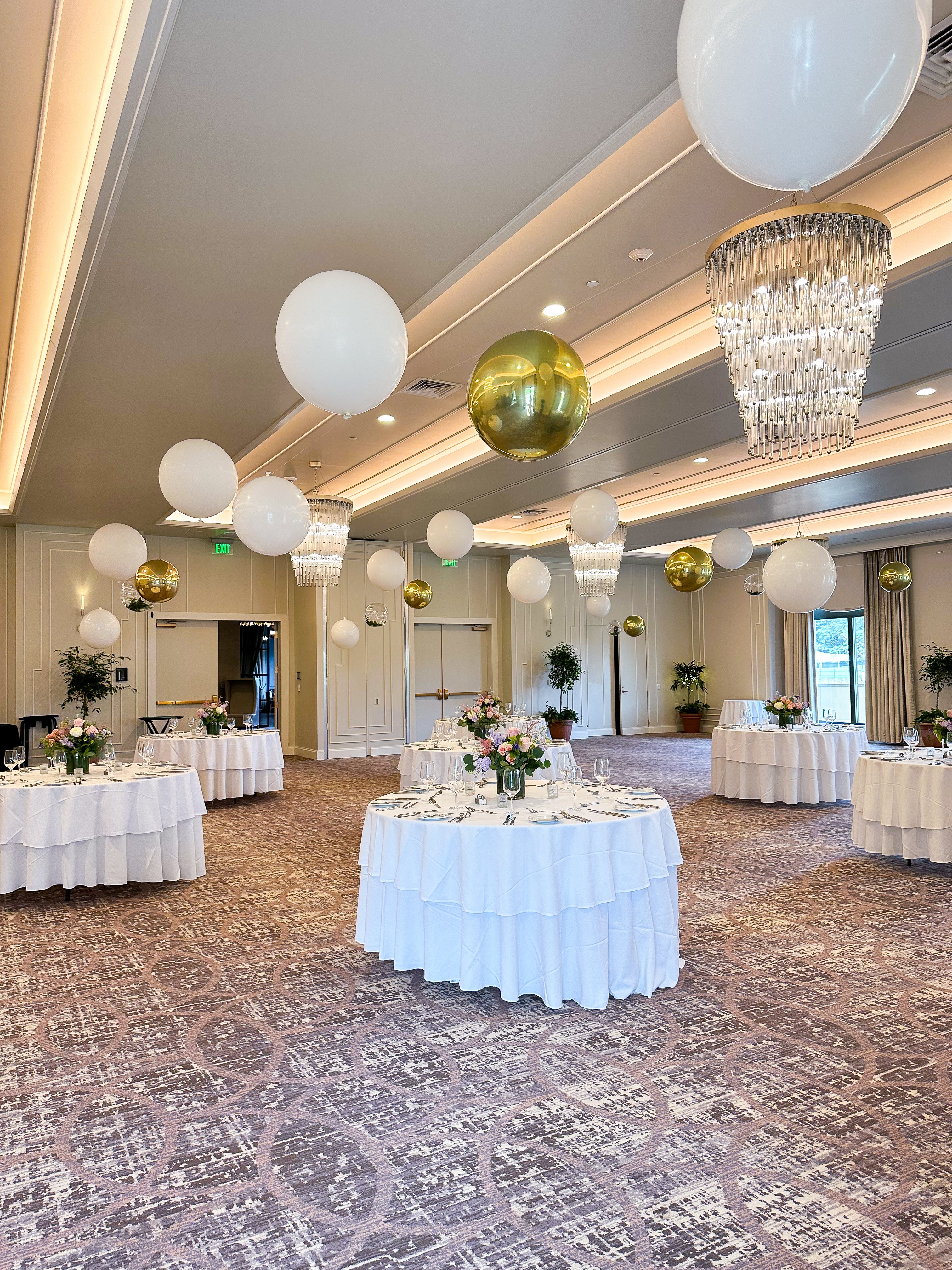 Balloon Ceiling at the Delamar Hotel for Bridal Shower, White and gold balloons for bridal shower decor