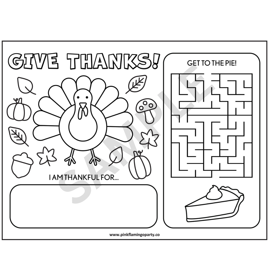 give thanks thanksgiving activity sheet placemat – pink flamingo
