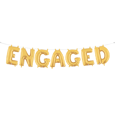 Engaged - A gold Mylar balloon garland spelling out the word 'engaged' 