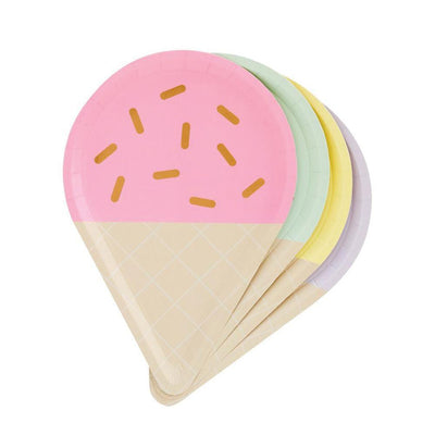 gelato sprinkle party plates in colors of pink, mint green, yellow and purple with gold foil sprinkles displayed in a fan-like spread