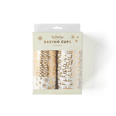 Package of 50 gold foil baking cups in white with festive gold designs