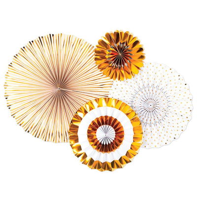 Golden party fans in different designs of solid gold, white with gold foil dots, and god and while striping