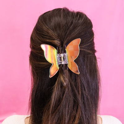 Medium Iridescent Checkered Butterfly Hair Claw Clip