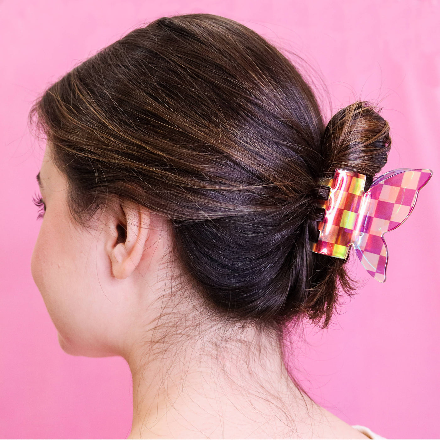 Medium Iridescent Checkered Butterfly Hair Claw Clip