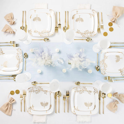 Disposable Dinner Hanukkah Plates in White & Gold