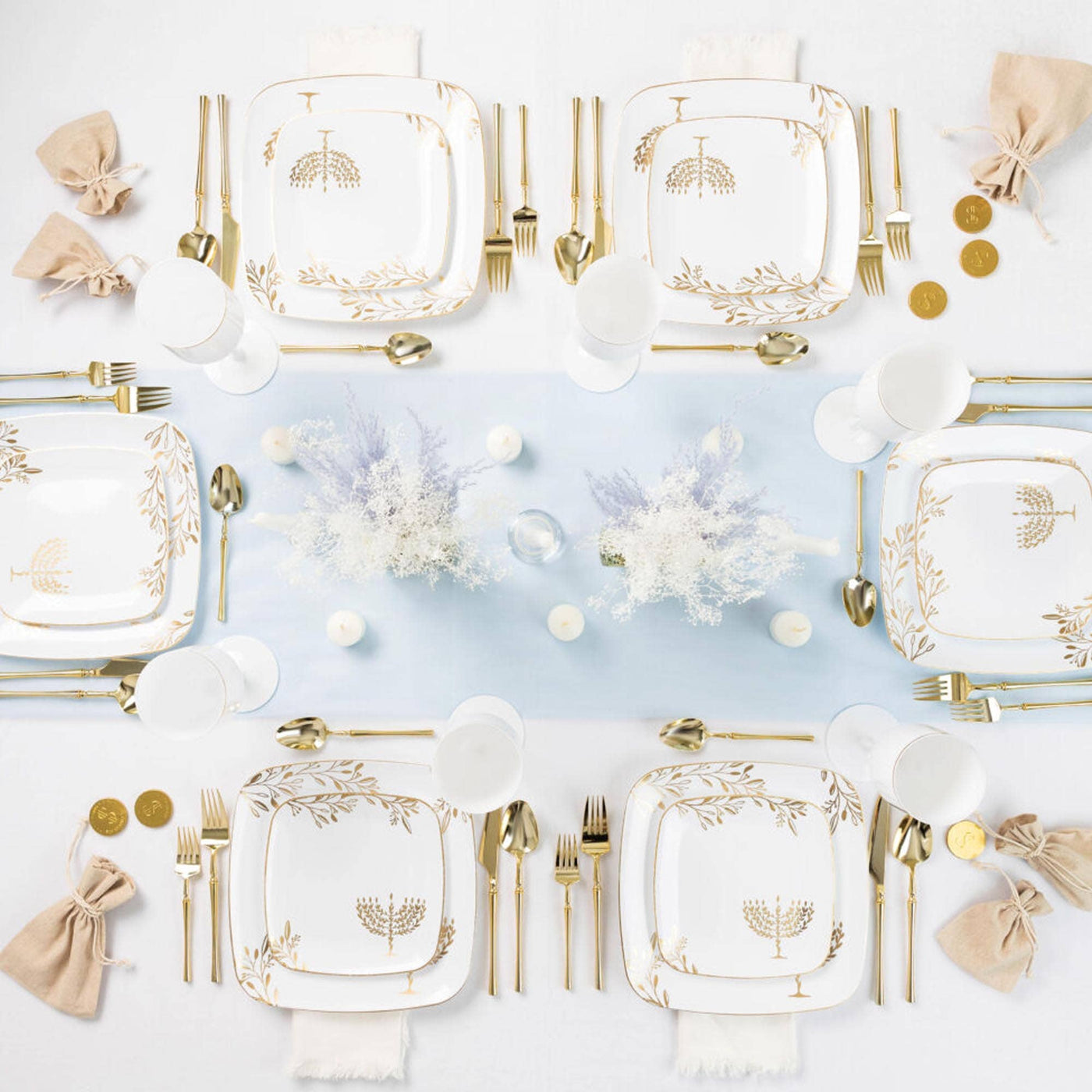 Small Set of Disposable Dinner and Salad Hanukkah Plate Set in White & Gold