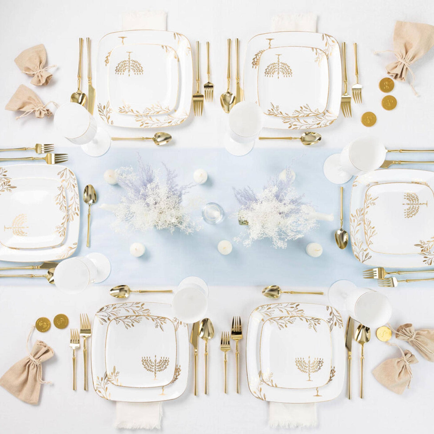 Disposable Salad Hanukkah Plates in White & Gold