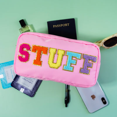 "STUFF" Preppy Chenille Letter Travel Makeup Pouch