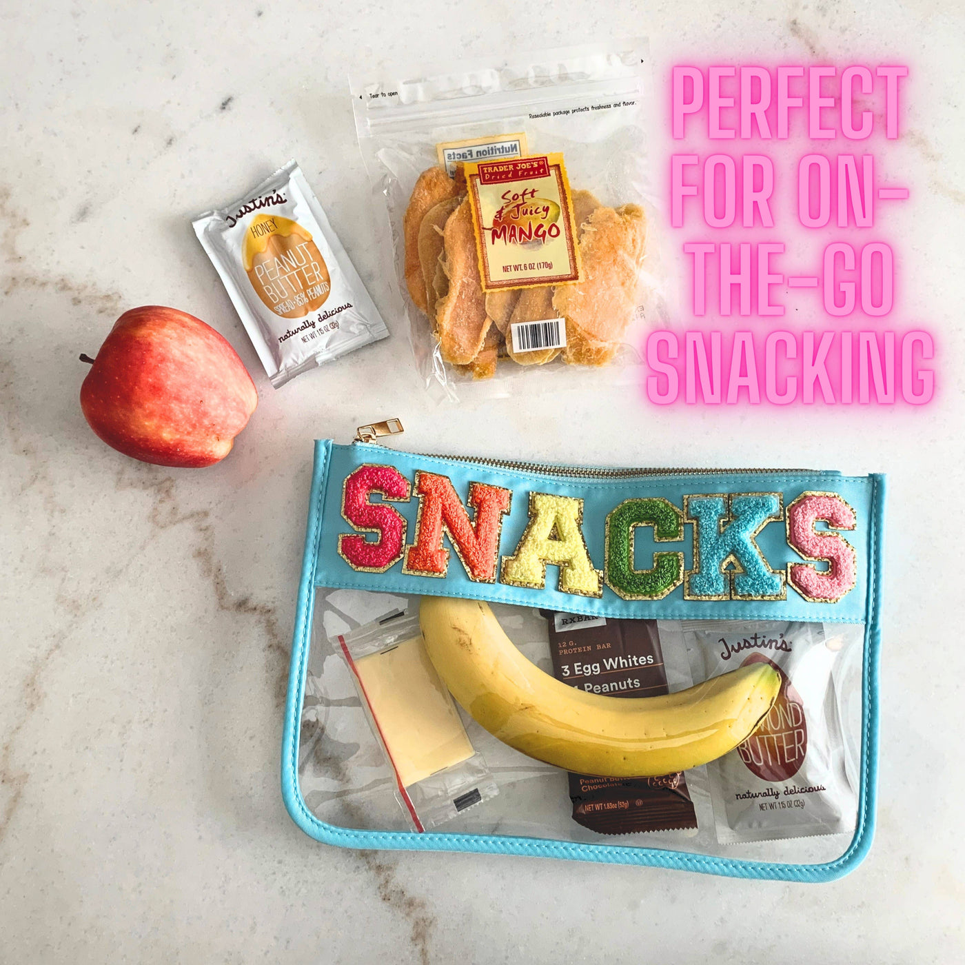 "SNACKS" Large Clear Chenille Letter Patch Pouch