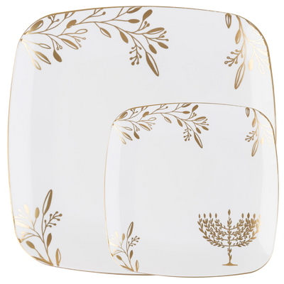 Small Set of Disposable Dinner and Salad Hanukkah Plate Set in White & Gold