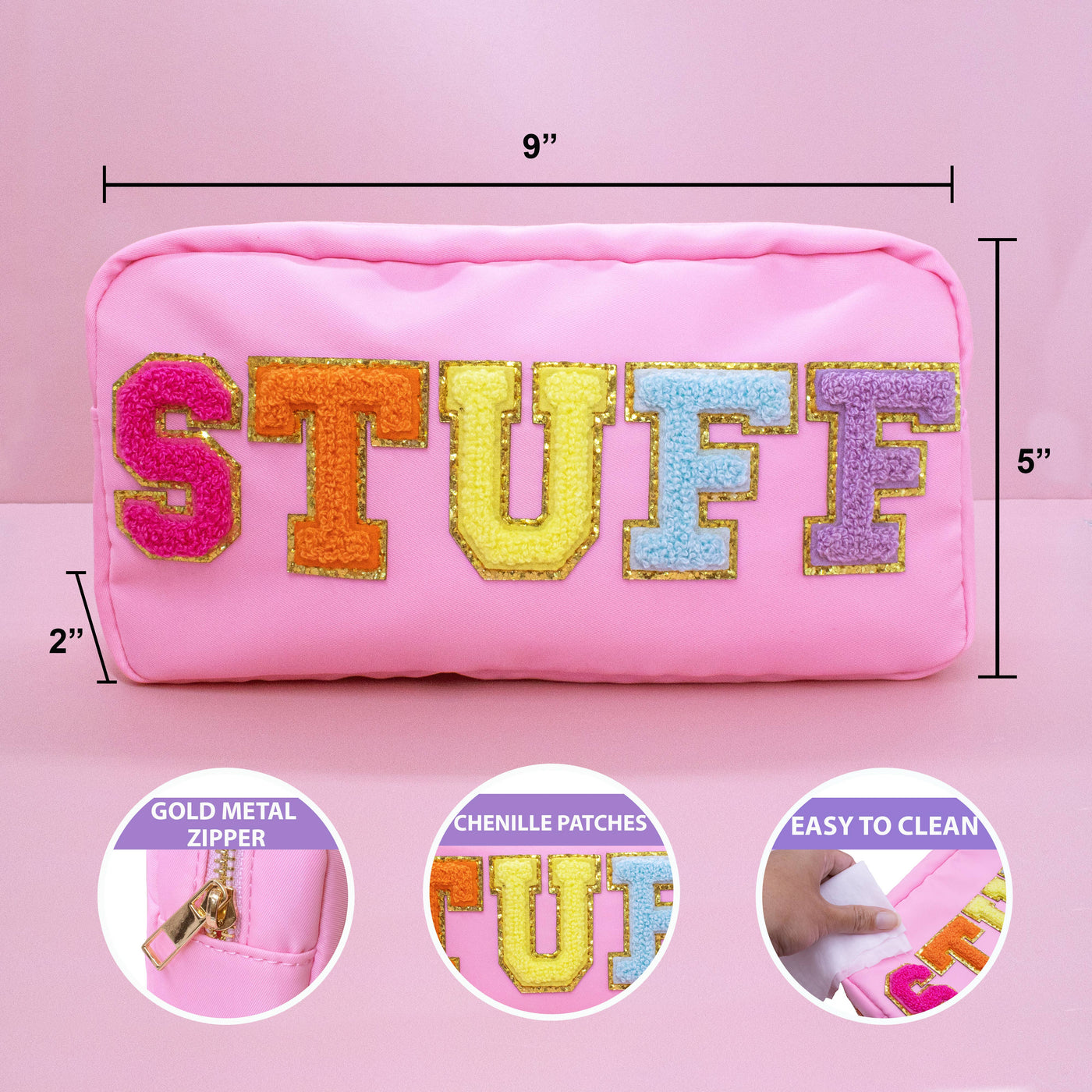 "STUFF" Preppy Chenille Letter Travel Makeup Pouch