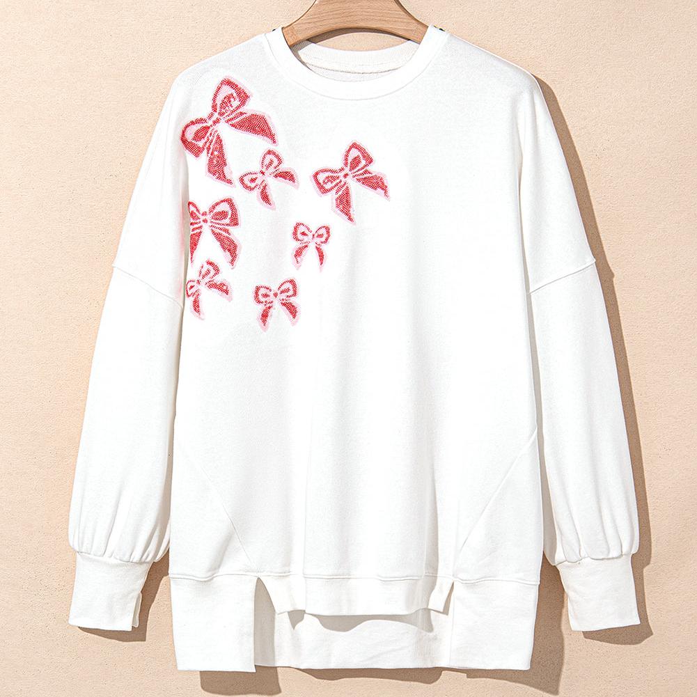 White Sequin Bowknot High Low Oversize Sweatshirt