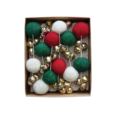 Handmade Wool Felt Ball Garland w/ Jingle Bells, Red, Green, Cream Color & Gold Finish