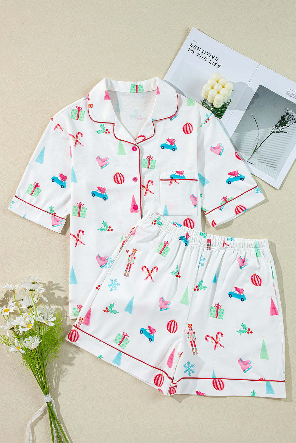 White Christmas Print Short Sleeve Shirt and Shorts Pajama Set