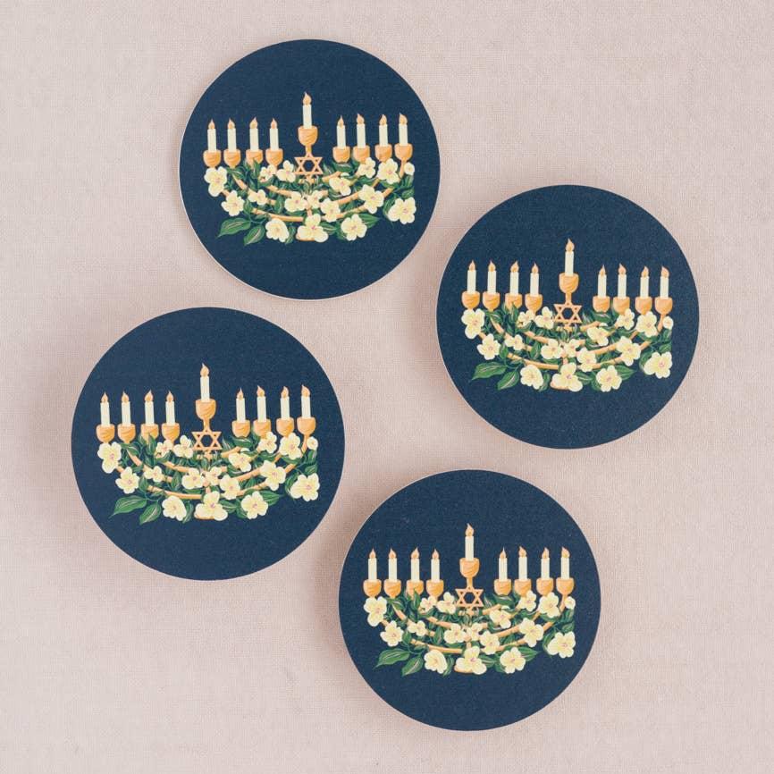 Hanukkah Floral Menorah Coasters