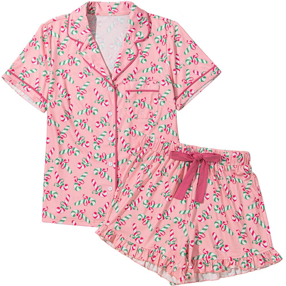 Pink Christmas Candy Cane Print Pocketed Knotted Pajama Set