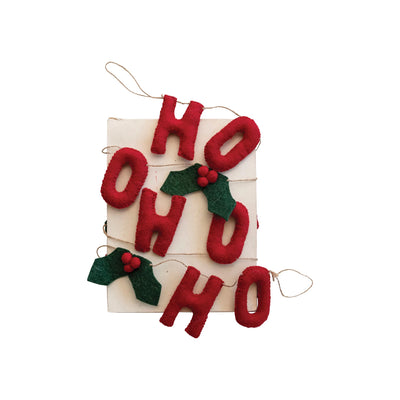 Handmade Wool Felt Garland w/ Holly Leaves & Berries "Ho Ho Ho"