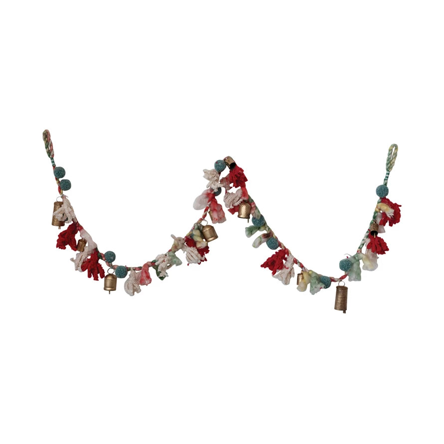 Handmade Wool & Cotton Blend Garland w/ Pom Poms & Metal Bells