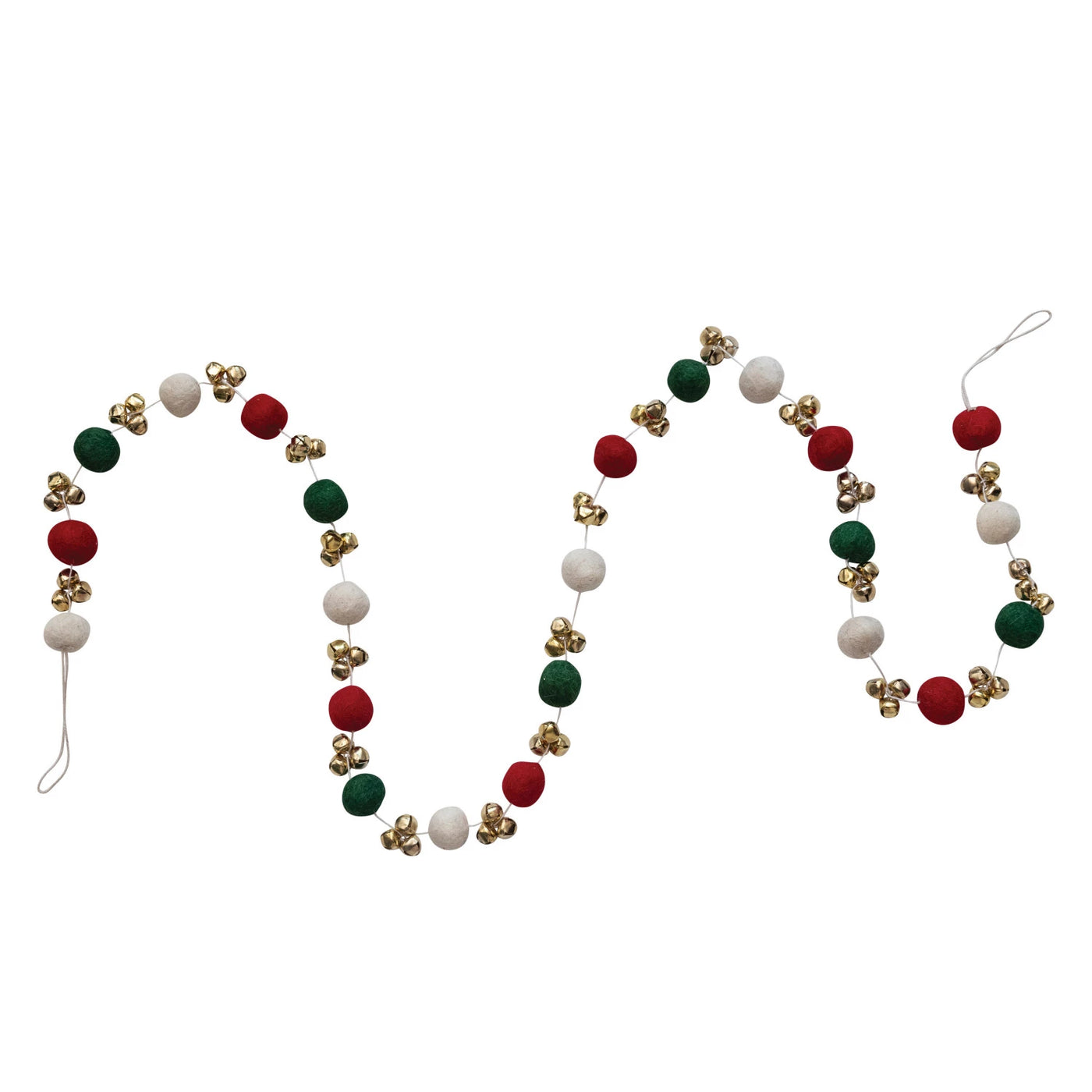 Handmade Wool Felt Ball Garland w/ Jingle Bells, Red, Green, Cream Color & Gold Finish