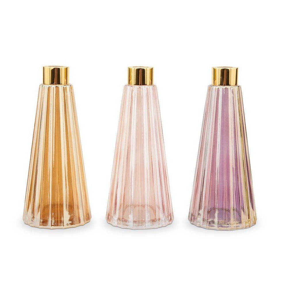 pink with gold accent bud vases, holographic look to each pink vase