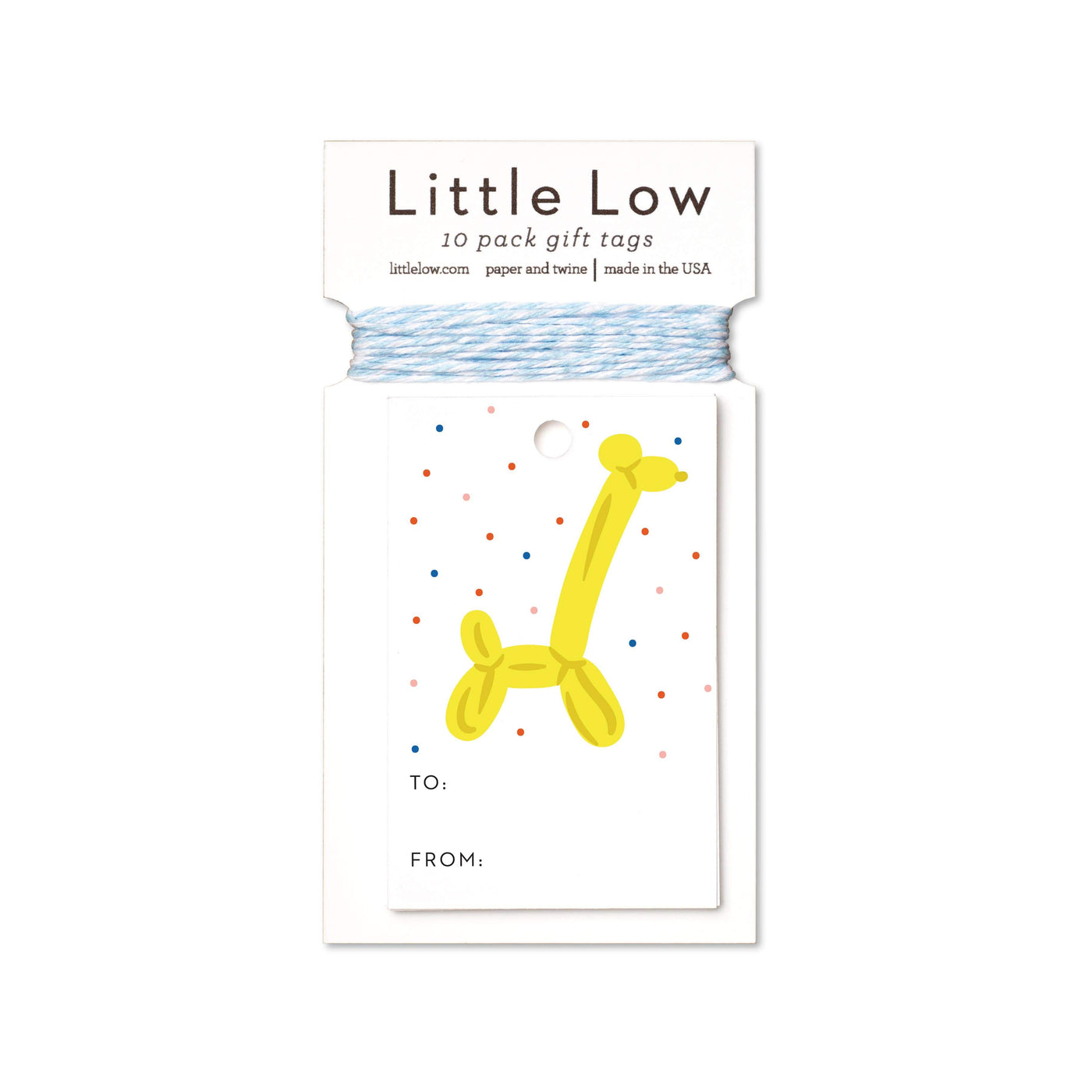 Balloon giraffe gift tags featuring a yellow balloon giraffe printed on white stock including a generous amount of twine