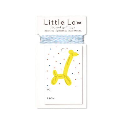 Balloon giraffe gift tags featuring a yellow balloon giraffe printed on white stock including a generous amount of twine