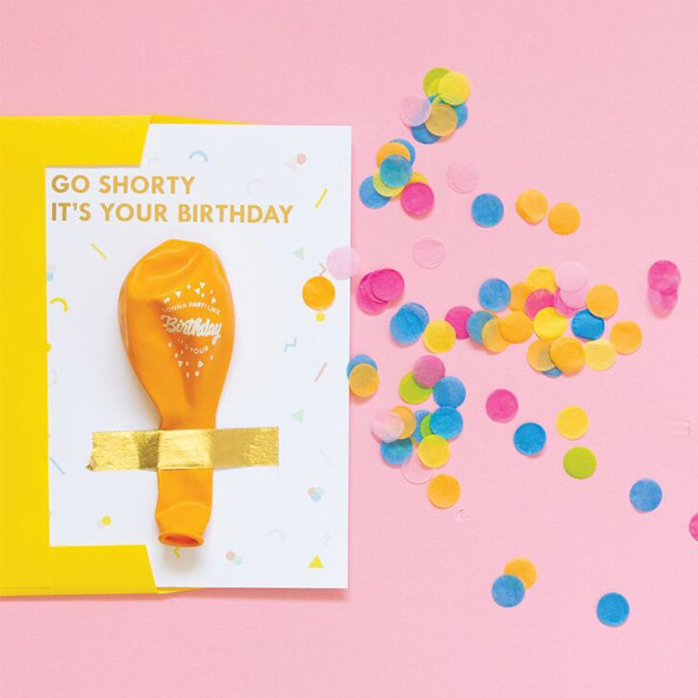Signature birthday balloon card with text reading 'Go shorty it's your birthday' including gold color signature balloon