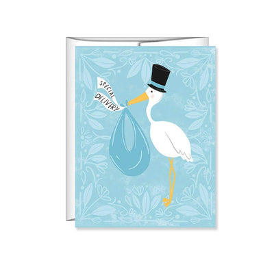 A blue baby shower greeting card with floral designs and an image of a stork carrying a 'special delivery'