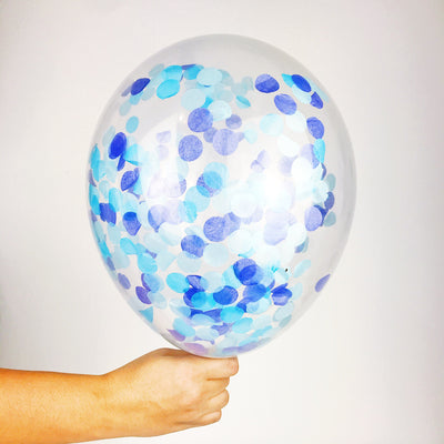 Blue Confetti Balloon - clear latex biodegradable balloon filled with blue confetti