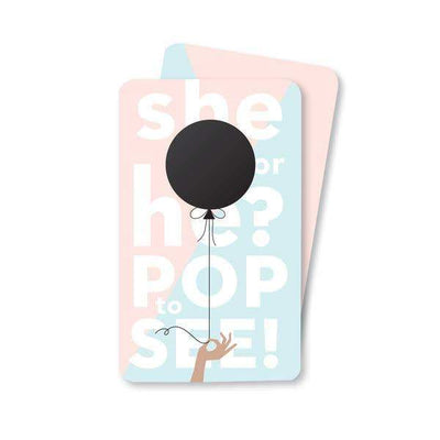 A rectangular card with an image of a black balloon that can be scratched off to reveal the gender of the baby - Boy