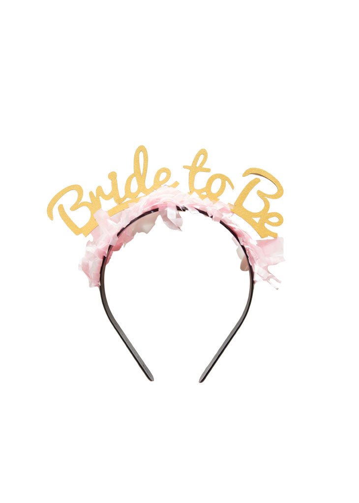Bride to be headband in gold with pink fringe and a black band