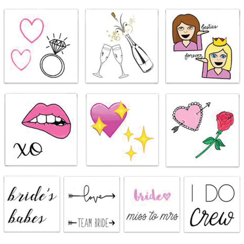 Bride to be tattoo pack containing an assortment of bridal tattoos