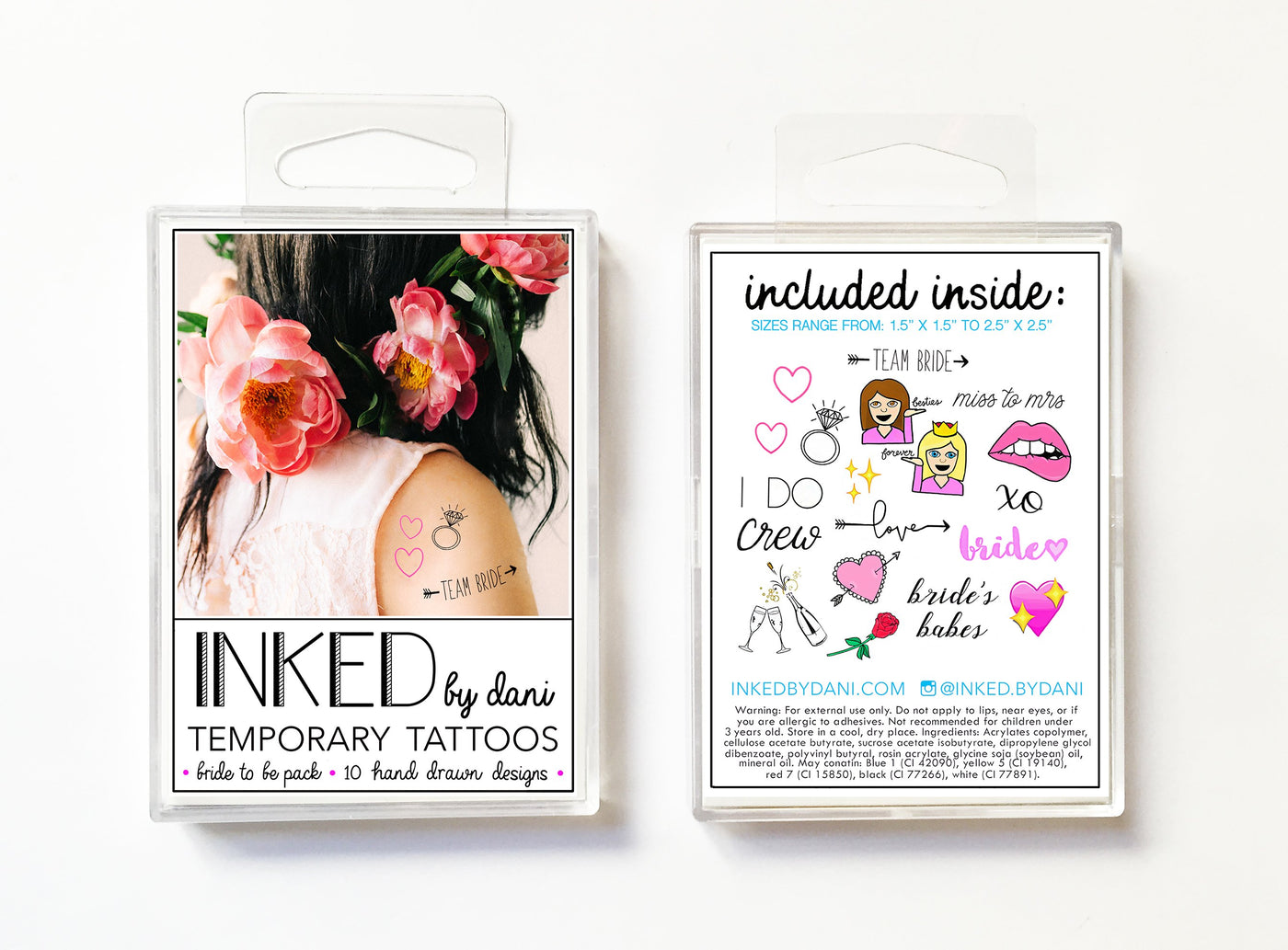 Bride to be tattoo pack containing an assortment of bridal tattoos