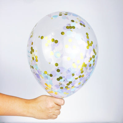 Unicorn Dust Confetti Balloon - A clear balloon made of high quality latex that is biodegradable filled with multi-colored foil circles of blue, purple, pink and gold! 