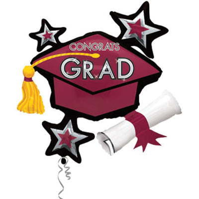 Congrats Grad Balloon - a Mylar balloon cluster containing a graduation hat with stars and a rolled up diploma with the text 'congrats grad'