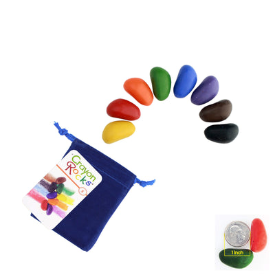 Set of 8 multi-colored crayon rocks with a blue velvet storage bag