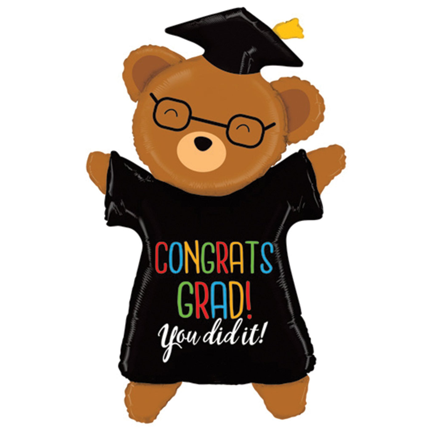 Cute grad bear balloon standing 47" tall with text reading 'Congrats Grad! You Did It!'