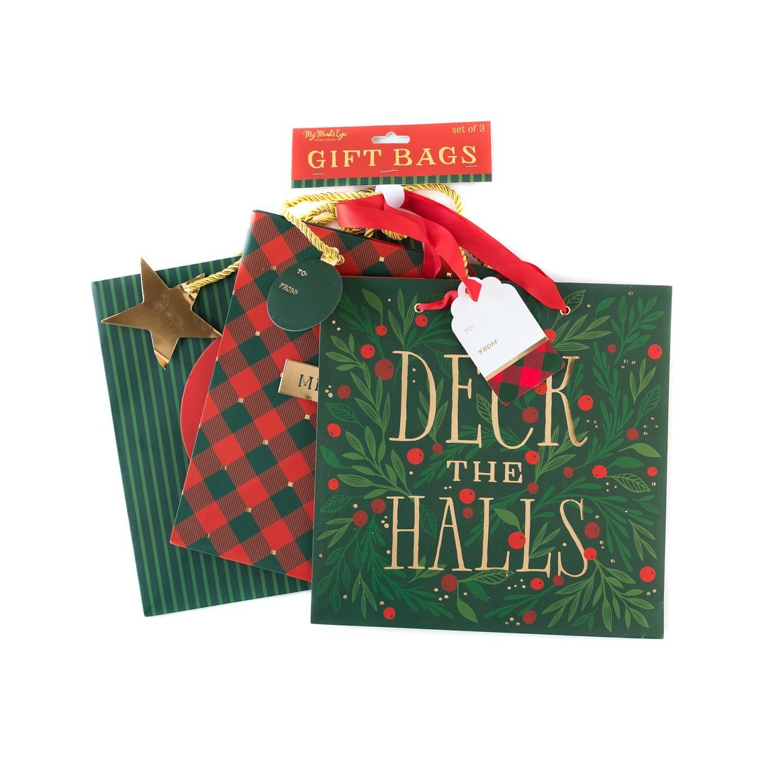 Set of 3 Deck The Halls Large Holiday Gift Bags 3 different designs