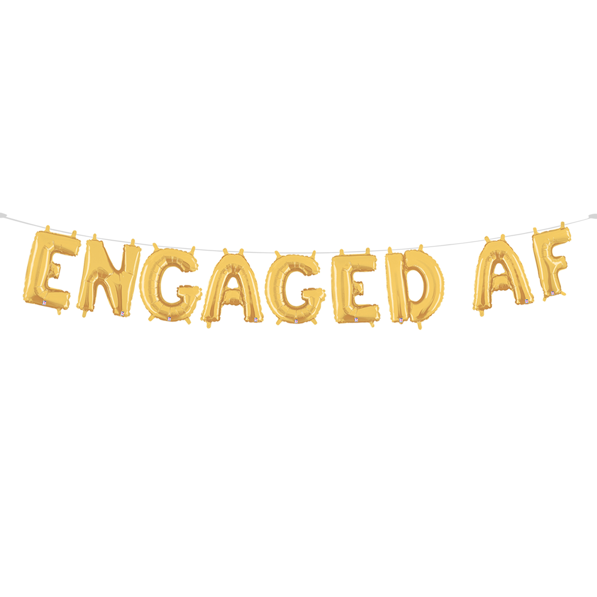 Engaged AF Gold Balloon Garland - a balloon garland made of gold colored balloons spelling out the phrase 'engaged AF' assembled on a line of twine and wall hung in a large radius