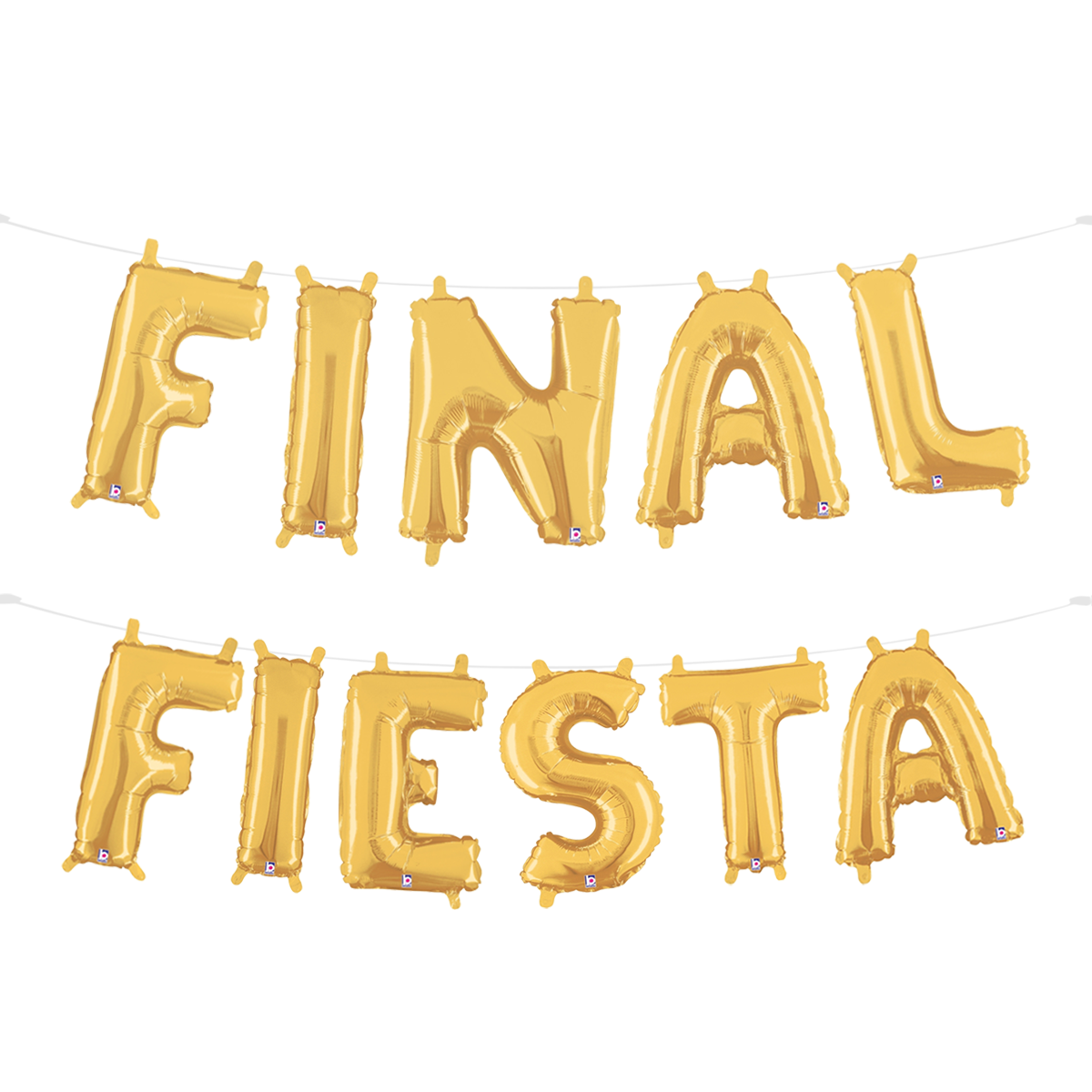 A gold balloon garland spelling out the phrase 'final fiesta'