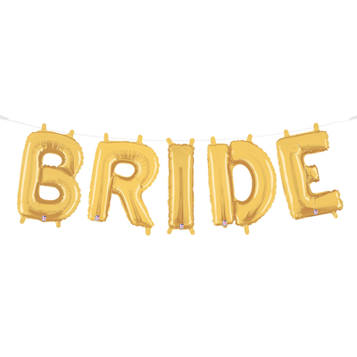 Gold colored bride balloon garland Mylar balloons handing on a twine string