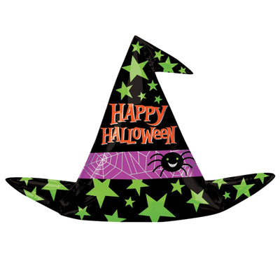 A black Halloween witch hat balloon in black with green stars of varying sizes and a purple stripe with spider web graphics and a happy looking spider. The hat has the words 'Happy Halloween' printed in orange