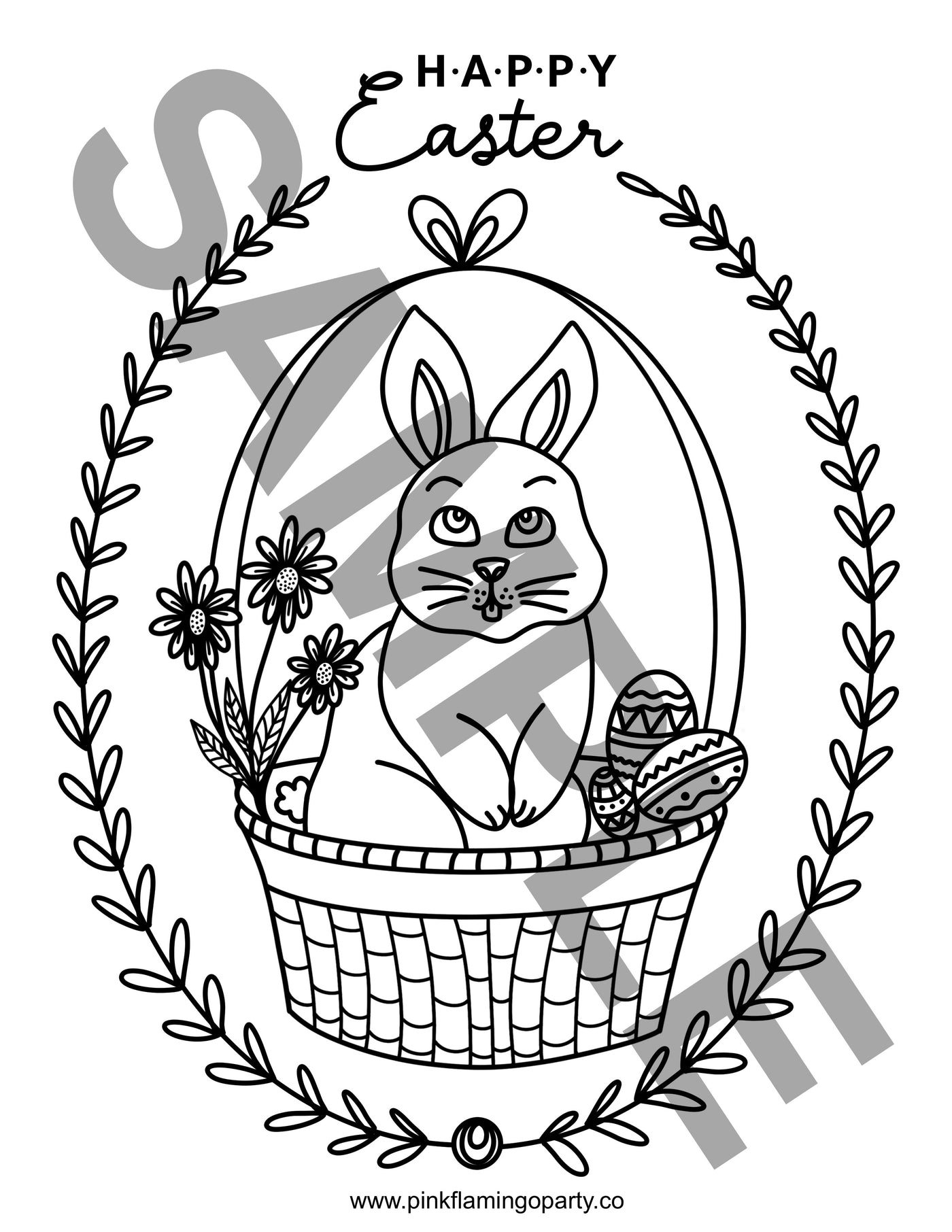 Happy Easter Bunny in a Basket FREE printable coloring sheet