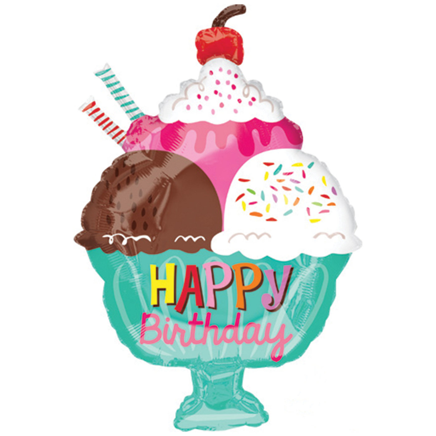 Happy Birthday Sundae Balloon in the shape of an ice-cream sundae with chocolate, vanilla, and strawberry ice cream topped with whipped cream and a cherry in a blue bowl with the words 'happy birthday'