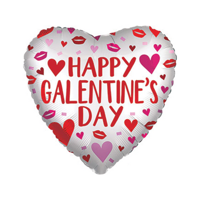A heart shaped Mylar balloon peppered in red and pink hearts, lips and confetti shapes with the words 'Happy Galentine's Day'.