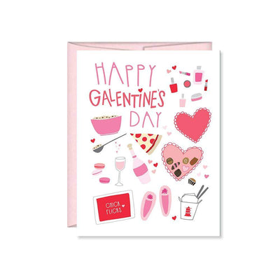 Happy Galentines Day Girls Night Out card takes a spin on Valentines Day with Galentines Day! A white card with the words 'Happy Galentines Day' and images of hearts, champagne, slippers, Chinese take-out boxes, and pizza for a gals night in.