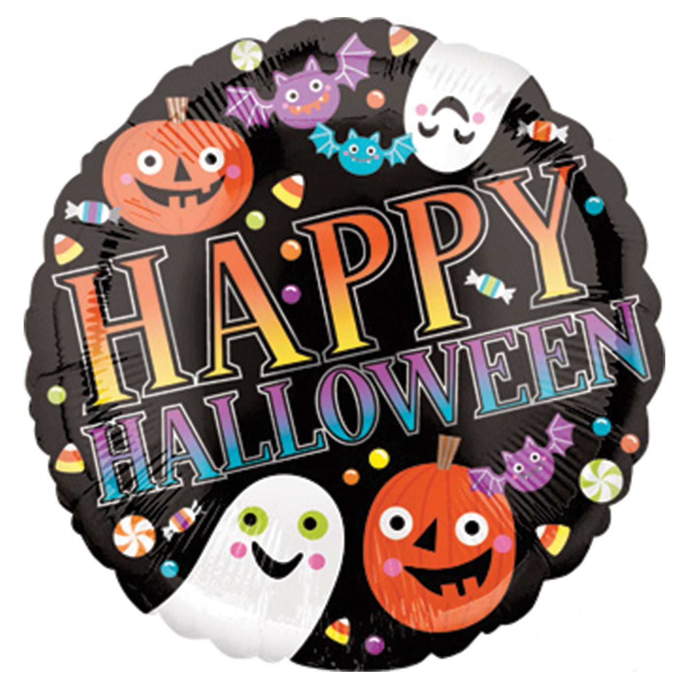 This happy Happy Halloween Mylar balloon is black with cute Halloween figures of ghosts, bats,  and jack-o-lanterns surrounded by an explosion of Halloween candy and the words 'Happy Halloween'