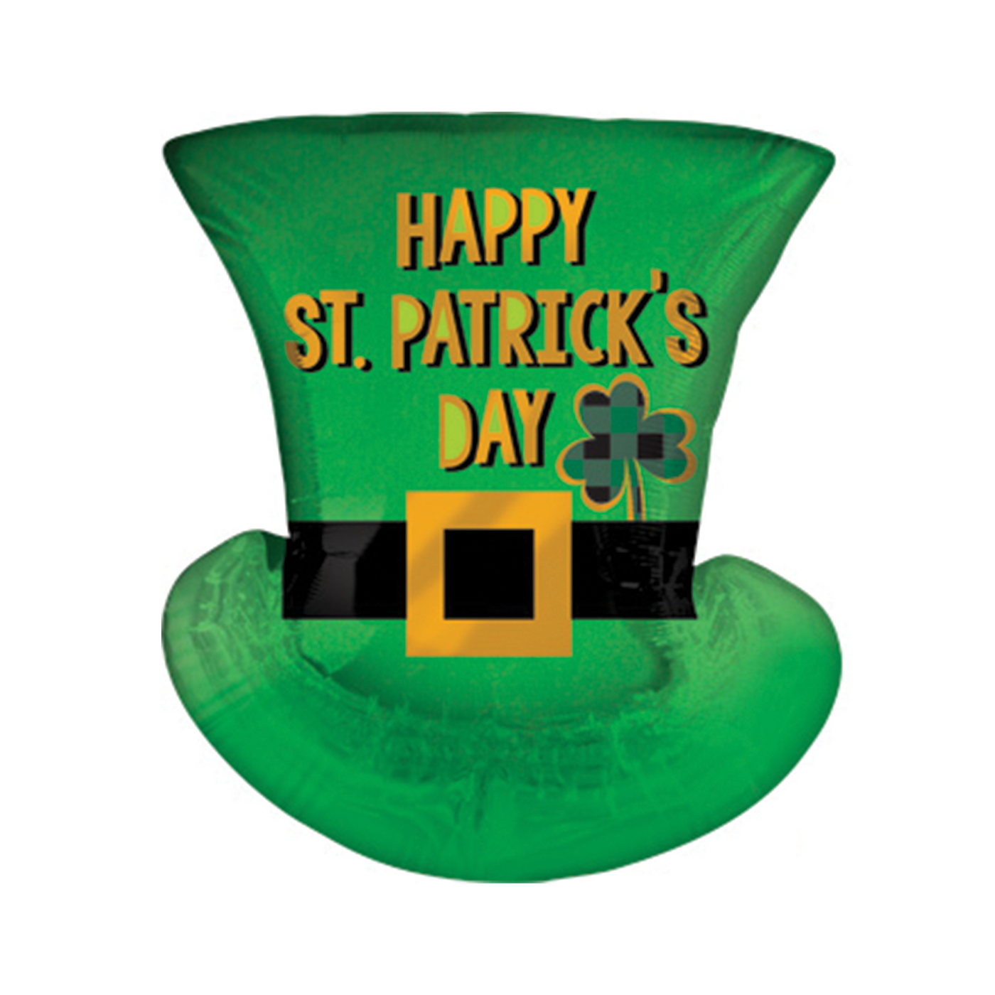 A green St. Patrick's day jumbo Mylar balloon shaped like a top had with the black buckle and the words 'Happy St. Patrick's Day' in gold.