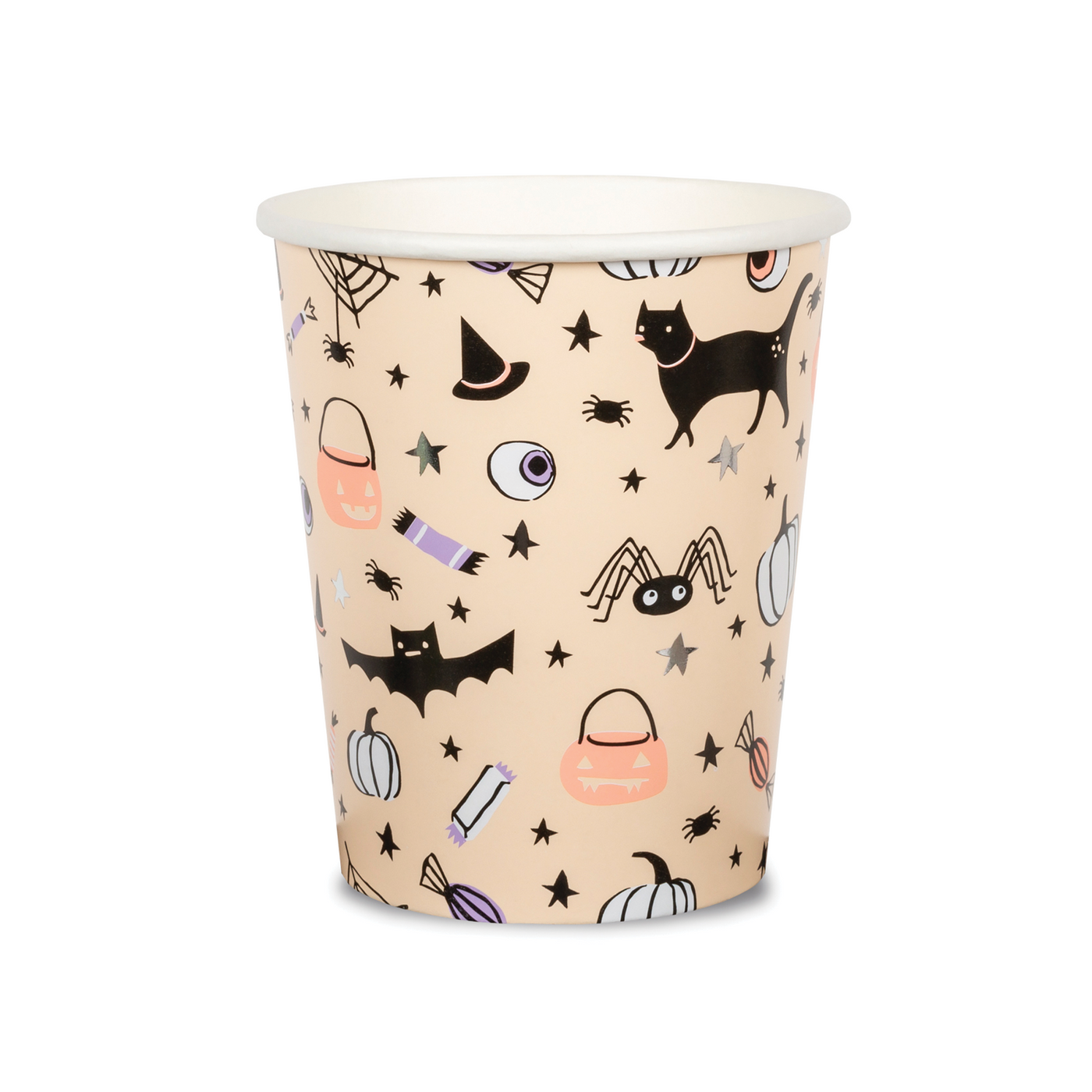 Hocus Pocus Halloween Cup with cute spooky Halloween themed graphics of black cats, bats, Jack-o-lanterns and candy.